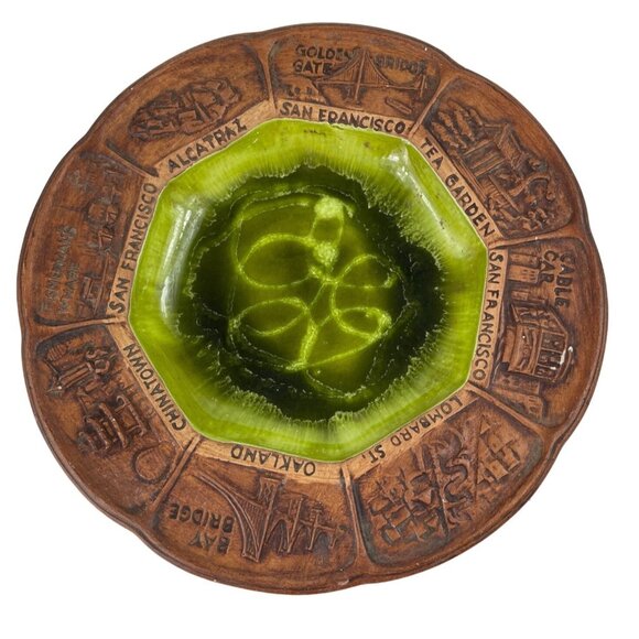 Vintage Treasure Craft Pottery Dish Bowl Ashtray Los Angeles CA Souvenir Green - Picture 3 of 11